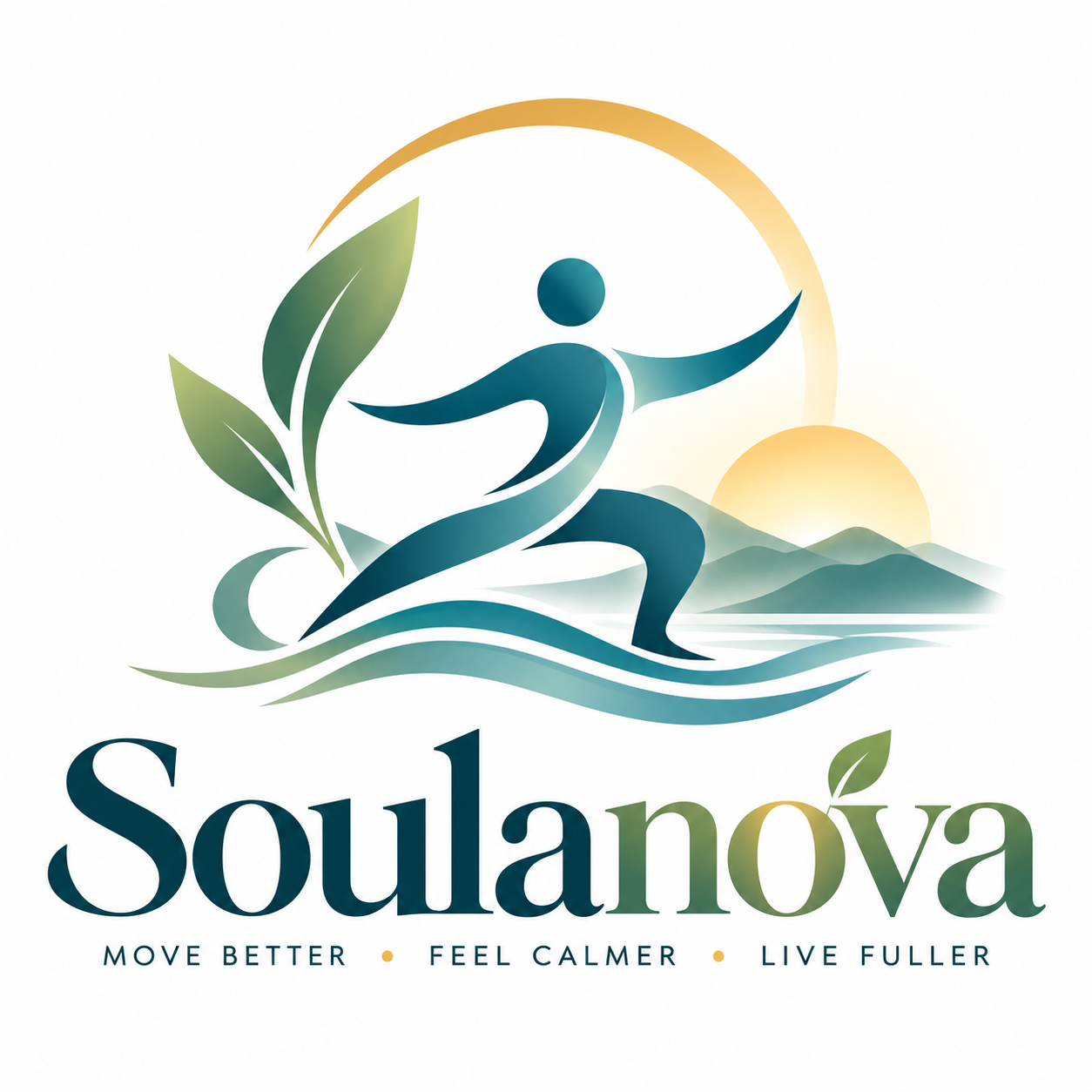 Soulanova wellness logo showing a peaceful figure, leaves, and sunrise